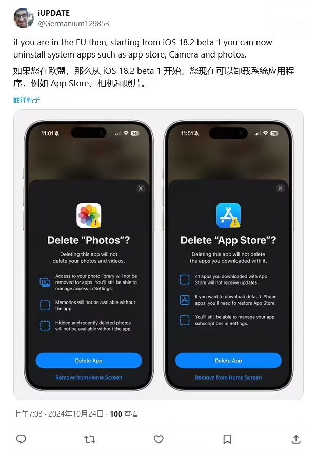 鄞州苹果手机维修分享iOS 18.2 支持删除 App Store 应用商店 